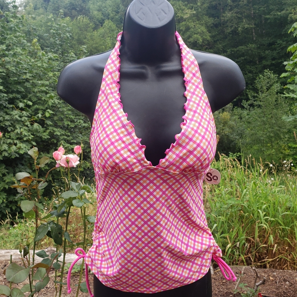 SO Swim Tankini Halter Top Ruched Plaid Pink Orange White Junior Size Small
